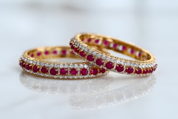 Elegant gold bangles with red gemstones and diamond accents displayed on white marble surface