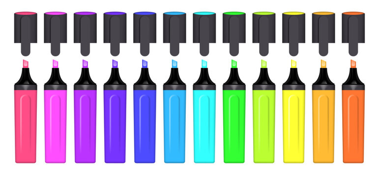 Isolated colorful marker pens set, office and school equipment. Felt-tip pen realistic vector illustration