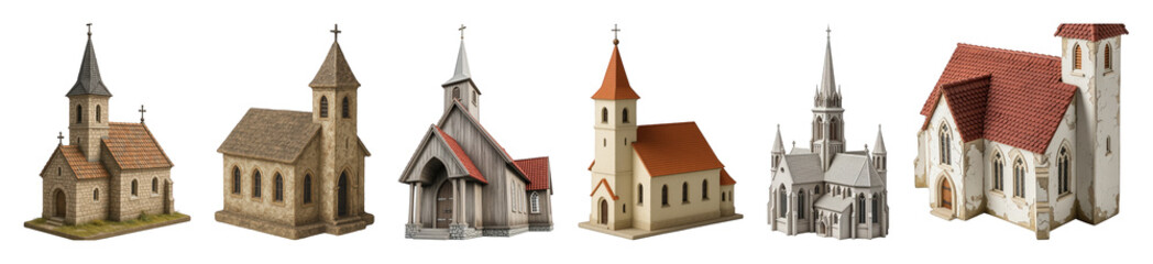 Fototapeta premium Church building set including stone, wooden, and gothic designs isolated. Religious architecture and historical collection.