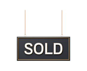 Sold signboard hanging with gold frame on transparent background, PNG