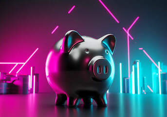 Silver Piggy Bank with Neon Lights Concept for Future Investments and Savings Planning in a Modern Financial Landscape