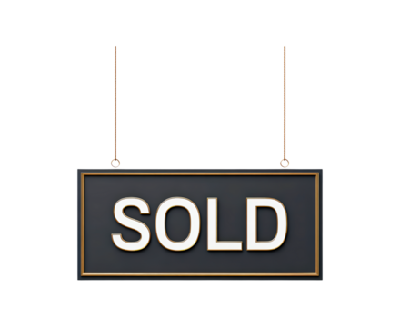 Sold signboard hanging with gold frame on transparent background, PNG