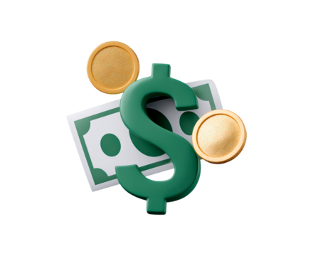 3d dollar symbol with coins and paper money on transparent background, PNG