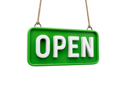 Green open sign hanging on rope on transparent background, PNG