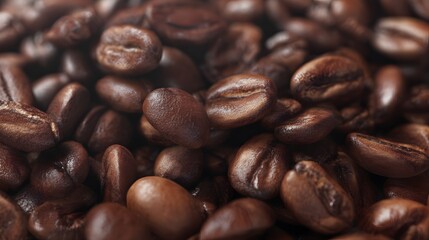 Naklejka premium A detailed close up view reveals many dark roasted coffee beans scattered naturally, highlighting their rich brown texture and unique natural patterns.