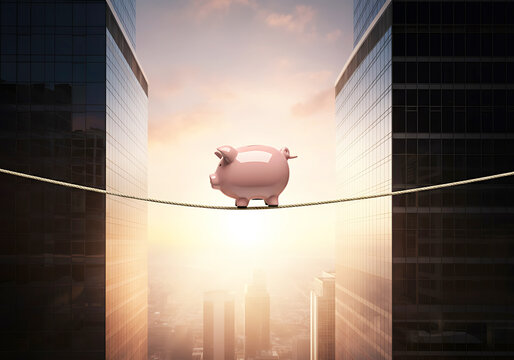Piggy Bank on Tightrope Between Skyscrapers Representing Financial Risk and Balance in the Modern Business World