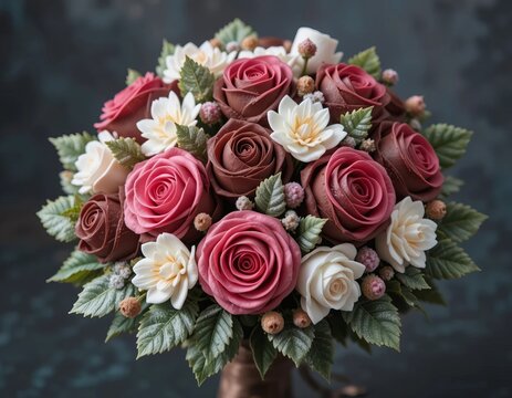 Elegant bouquet of handcrafted roses and delicate blossoms in rich, romantic hues.