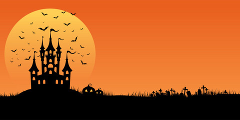 Halloween banner with castle, bats and spooky pumpkin landscape 