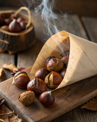 Roasted chestnuts delight warm paper cone treats with rising steam in a rustic winter market setting