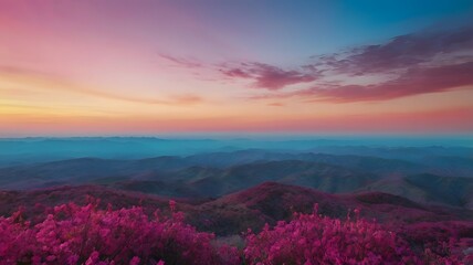 Vibrant Pink Flowered Mountain Landscape at Sunset with Colorful Sky