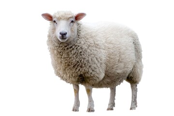 A beautiful woolly white sheep stands full body, looking straight forward, isolated on a clean pure white background.