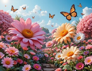 Vibrant spring garden bursts with colorful flowers and fluttering butterflies under a sunny sky.