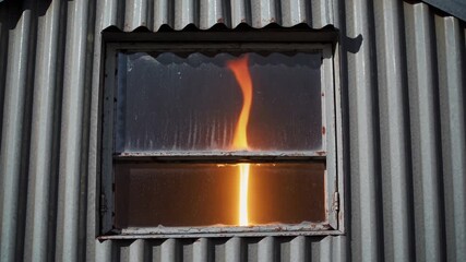 A vibrant flame visible through a small window in a corrugated metal structure, creating a dramatic contrast with the industrial backdrop - Powered by Adobe