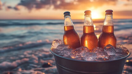 Three refreshing beer bottles sit led in a bucket of ice with ocean waves and a beautiful sunset in the background, creating an inviting summertime scene.