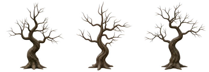 Eerie barren trees stand isolated, perfect for Halloween themes, spooky scenes, and fantasy art with transparent background