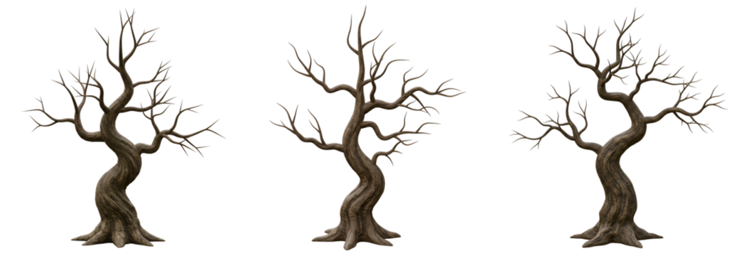 Eerie barren trees stand isolated, perfect for Halloween themes, spooky scenes, and fantasy art with transparent background