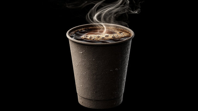 A close up shot of a steaming hot coffee in a paper cup against a black background plain