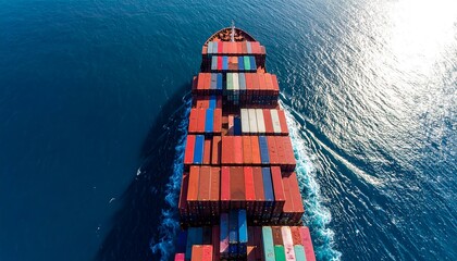 A large cargo ship, filled with containers of various colors, sails across the open water.