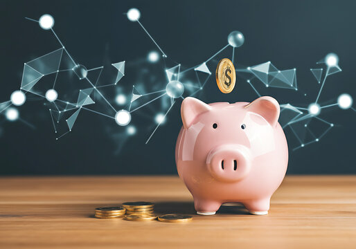 Piggy Bank Savings with Digital Network Connection Representing Fintech Innovation and Financial Growth Strategies
