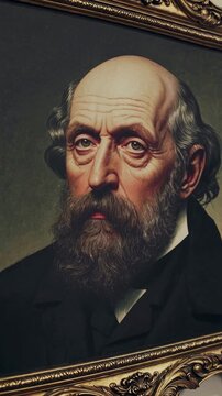 A close-up video shot of a classic, ornate-framed portrait of an elderly man with a beard, showcasing detailed brushwork and rich colors.