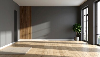 Fototapeta premium A modern, empty room features neutral gray walls, warm wooden accents, and natural sunlight streaming through large windows.