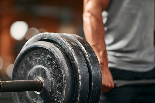 An individual performs a powerful fitness exercise, gripping a heavy barbell with plates to achieve physical fitness.