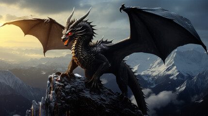 Black dragon with wings roaring on mountain cliff
