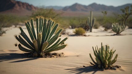 Desert Cacti Landscape in Arid Environment with Mountain Background