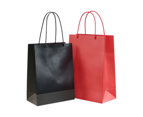 Elegant black and red shopping bags with handles on transparent background, PNG