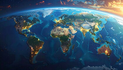 Global view of the world's illuminated continents and oceans from space.