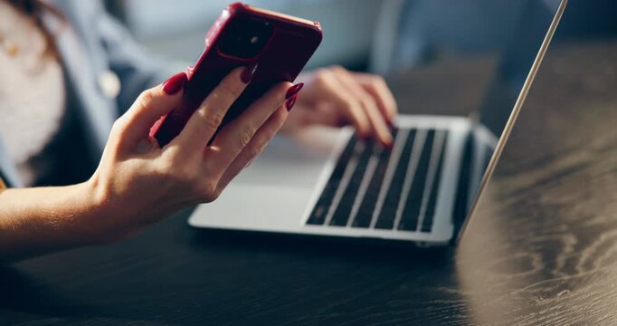 Check, hands and woman in office with phone, laptop and email notification for online article. Digital, connectivity and journalist in overtime with technology, internet or publication feedback