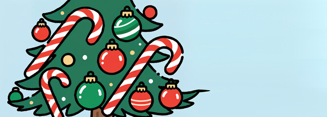 Tree branches decorated with red baubles and candy canes on light. Holiday illustration for winter celebration and seasonal greeting.