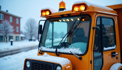 Orange snow removal truck clearing winter street with heavy machinery, municipal service vehicle removing snow and ice from city roads. Cold season road safety