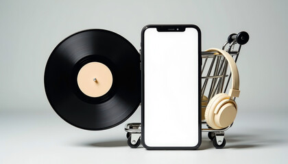 Vinyl record with headphones beside smartphone shopping cart, music streaming with retro sound and digital commerce for online music industry. Retro audio trend