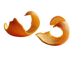 Close-up of two orange peels, curved and separated, against a black background.  The peels show intricate textures and vibrant orange hues