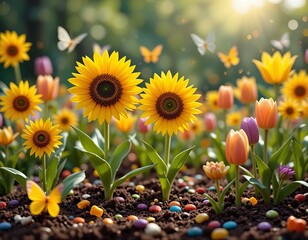 Vibrant field of sunflowers and tulips blooming in a sunny garden with colorful butterflies.