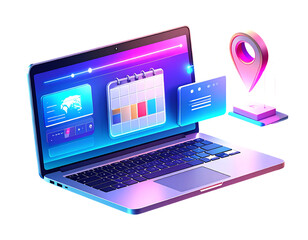Digital laptop displaying calendar, map, and notification interfaces with a floating location pin, representing online planning and management.