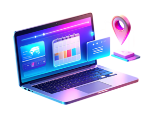 Digital laptop displaying calendar, map, and notification interfaces with a floating location pin, representing online planning and management.
