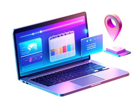 Digital laptop displaying calendar, map, and notification interfaces with a floating location pin, representing online planning and management.
