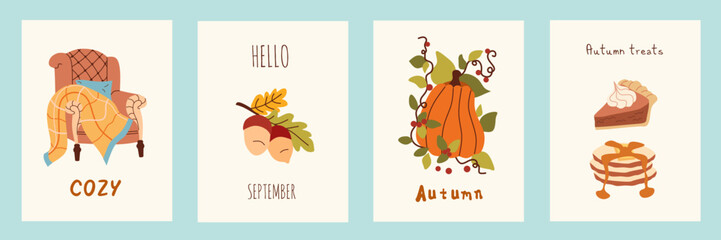 Autumn fall greeting card, flyer, banner, poster templates. Hand drawn symbols, leaves, acorn , pie, pumpkin and lettering. Thanksgiving day vector collection for stamp, poster, banner, flyer.