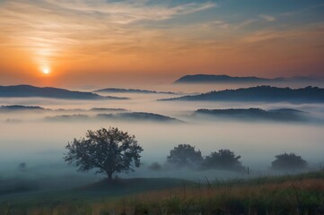 Obraz premium Sunrise Over Foggy Mountain Landscape with Trees and Hills in Morning Light