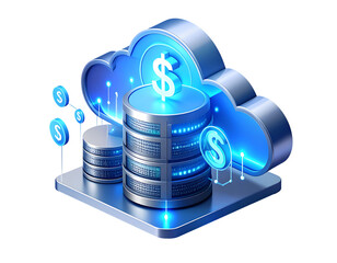 3D render of a cloud computing server infrastructure with dollar signs, representing financial data management and digital economy.