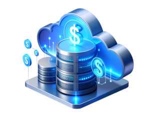 3D render of a cloud computing server infrastructure with dollar signs, representing financial data management and digital economy.
