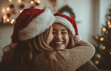 Two women embracing with joy and wearing Santa hats in a warmly lit living room, celebrating the holiday spirit, surrounded by festive Christmas lights and decorations.