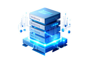 Isometric illustration of a glowing blue server stack representing data storage and cloud computing infrastructure with abstract data flow elements.