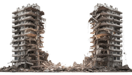 Two crumbling apartment buildings, ravaged by demolition.  Ruined, derelict structures