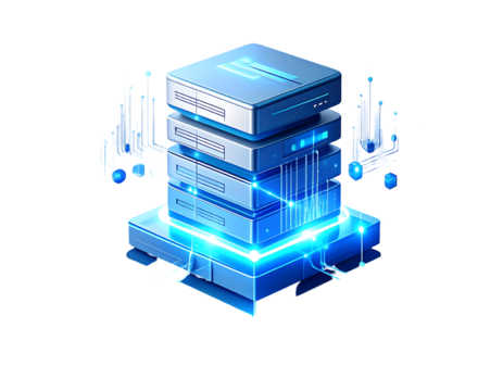Isometric illustration of a glowing blue server stack representing data storage and cloud computing infrastructure with abstract data flow elements.