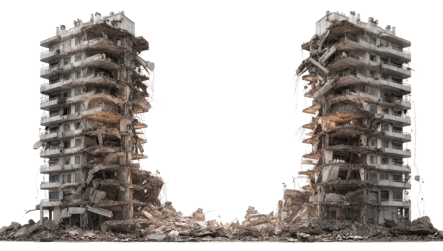 Two crumbling apartment buildings, ravaged by demolition.  Ruined, derelict structures