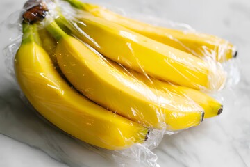 Fresh yellow bananas wrapped in plastic film on light background