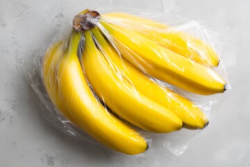 Fresh yellow bananas wrapped in plastic film on light background